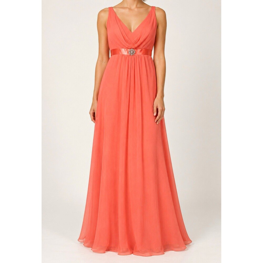 David's Bridal Coral Chiffon Sleeveless V-Neck Maxi Bridesmaid Dress 12 F15530
